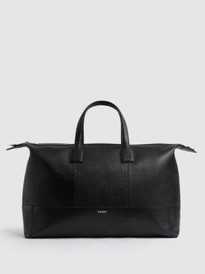 MENSWEAR | REISS  Micro-Grain Leather Holdall in Black