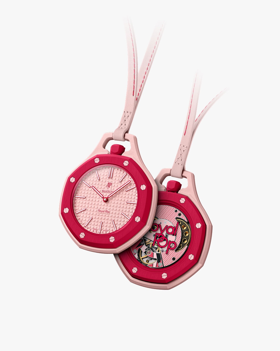 Two pink watches with red bezels hanging by light pink straps, showing front and back views for a fashion accessory product